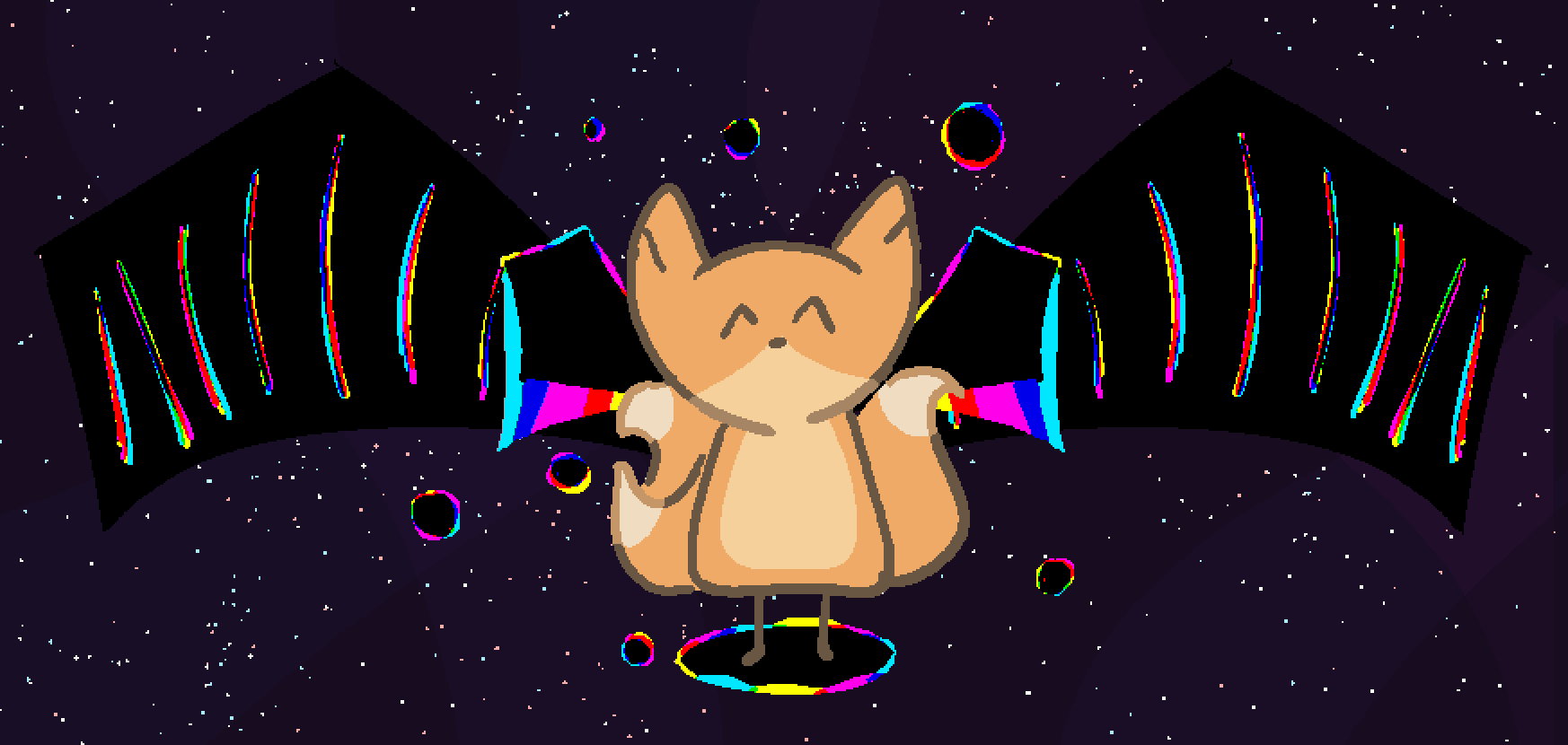 a three tailed fox with harsh black wings and neon colours in cyan magenta and yellow floating in space.