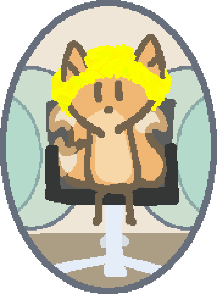 a three tailed fox sitting in a barbers chair, with a head of freshly cut blonde hair. the viewer is looking as a perspective of the mirror, in the background other mirrors reflect into infinity