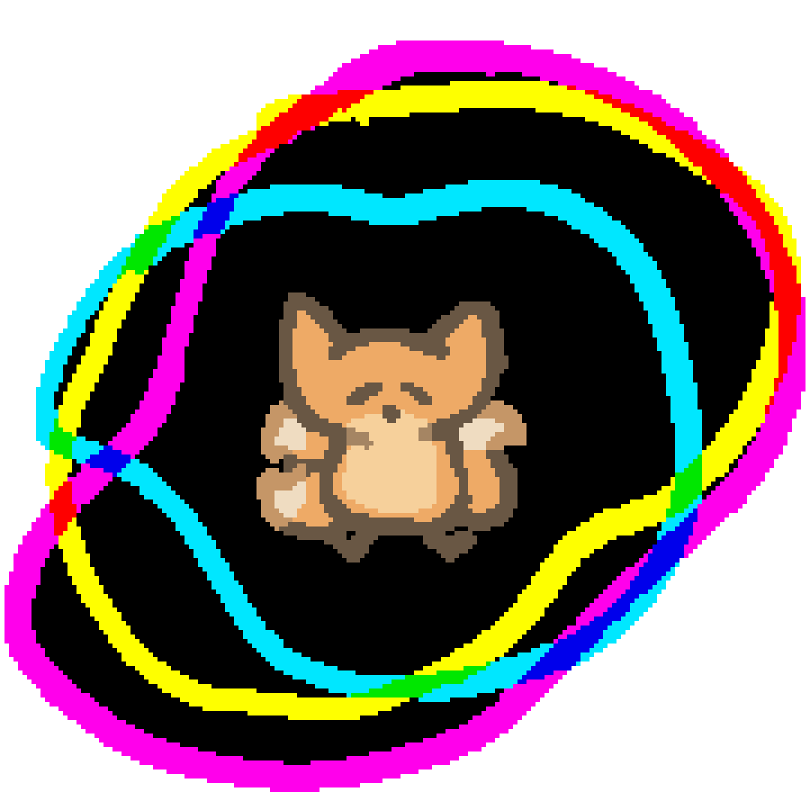 a three tailed fox sitting in several overlapping neon rings