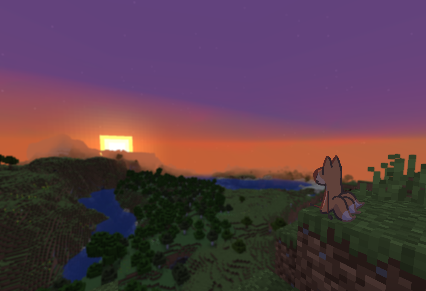 a three tailed fox watching a minecraft sunset
