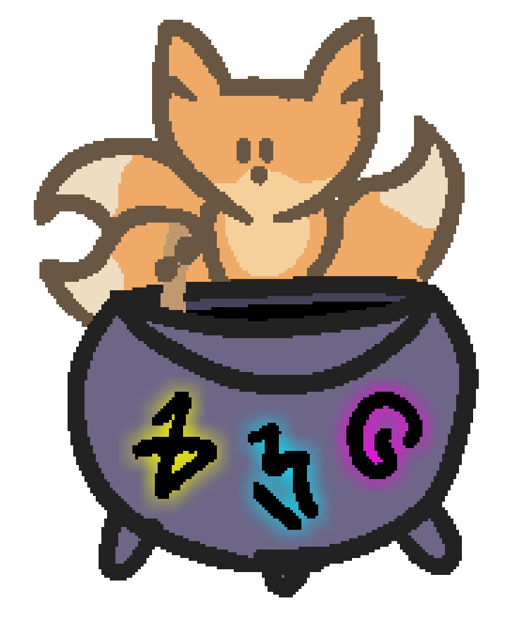 A three tailed fox stirring a pot of void, with small bubble of energy popping out as they do. the jar has three glowing sigils on it, the colours of the bubbles of energy