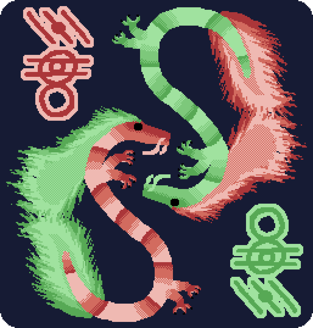 two dragons, one with a green mane and red scales, the other swapped. the second dragon is upside down and nested in the first. alien glyphs sit in the corner. they translate to "sky predator"