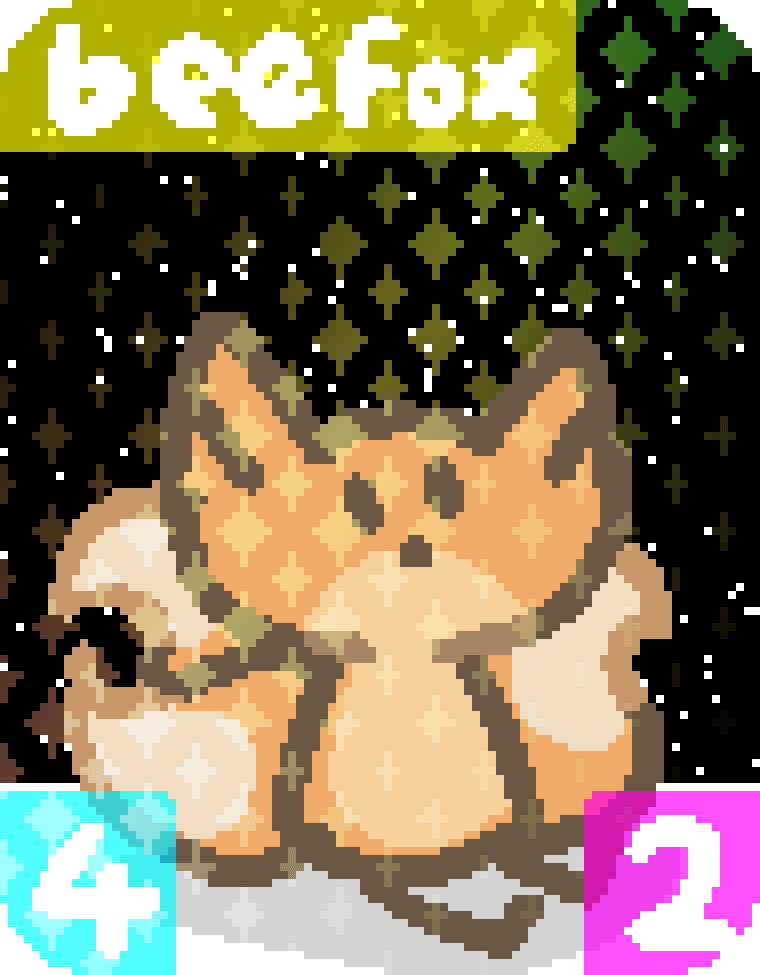 a TCG card of bee sitting and staring into space. the card is beefox, a 4 2 card. a holographic effect swings back and forth over the face of the card.