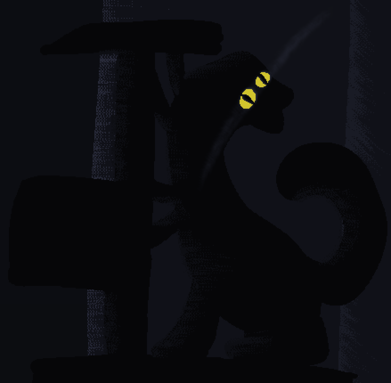 a cat stretching on a scratching post at midnight. light trickles in from behind a curtain, the cat appears to have four sets of legs, bright yellow eyes staring directly at the viewer of the art.