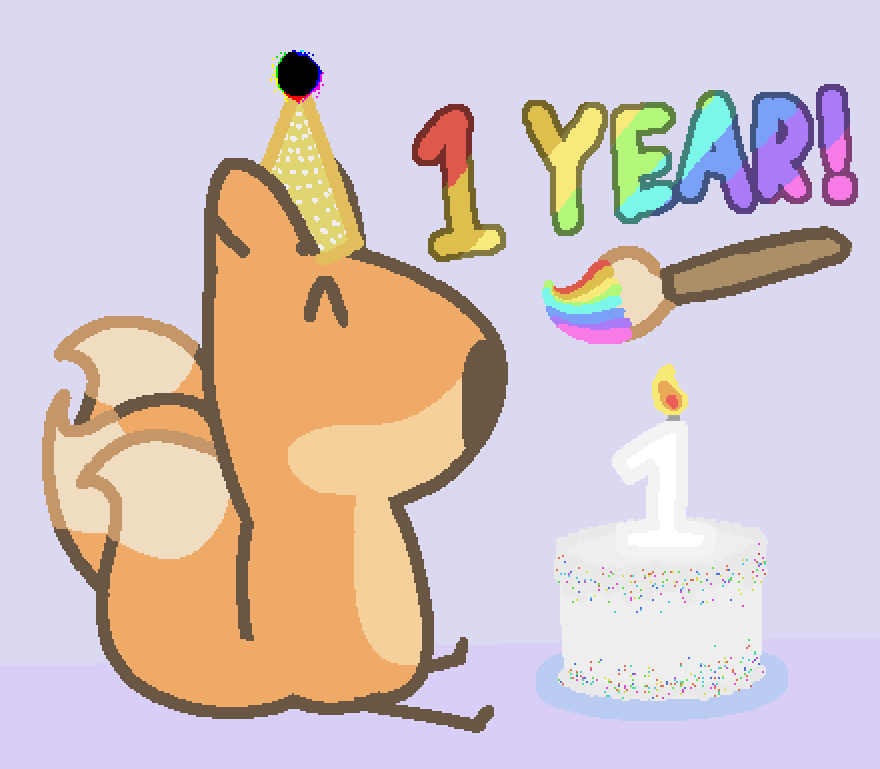 a three tailed fox wearing a strange party hat and sitting in front of a funfetti cake with a candle in the shape of the number one. rainbow text exclaims "1 year!" with a brush with rainbow paint beneath it.