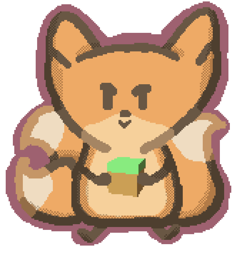 a three tailed fox holding a grass block that slowly rotates in their paws, with an old mauve border on the fox