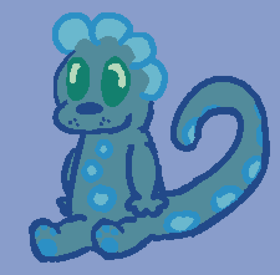 a dinosuar-like creature with blue rings all over it, a lion like maw, and a bubbly blue hairstyle.
