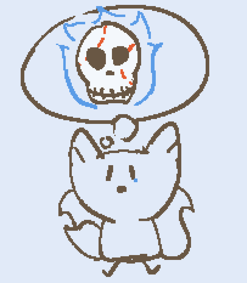 A three tail fox thinking about blaseball, represented by a skull shrouded in blue flames with baseball sewing on it. a tear is in the corner of their eye