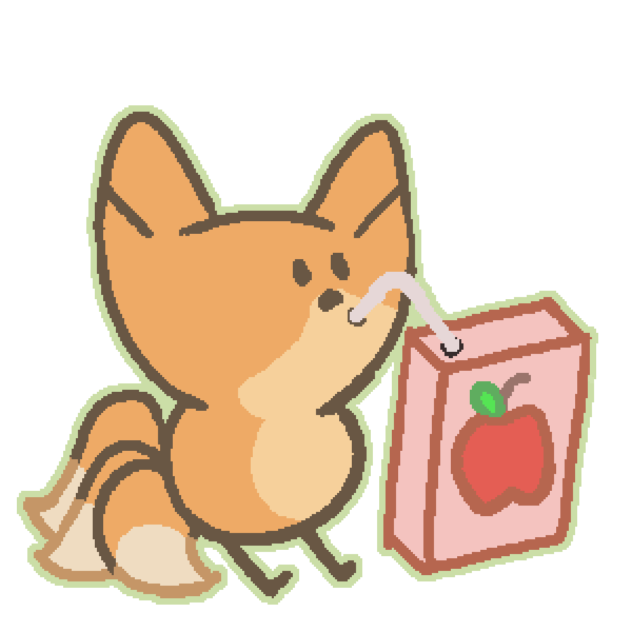 a three tailed fox sipping from a large apple juice box