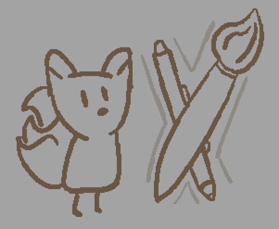 a three tailed fox looking at a crossed brush and stylus