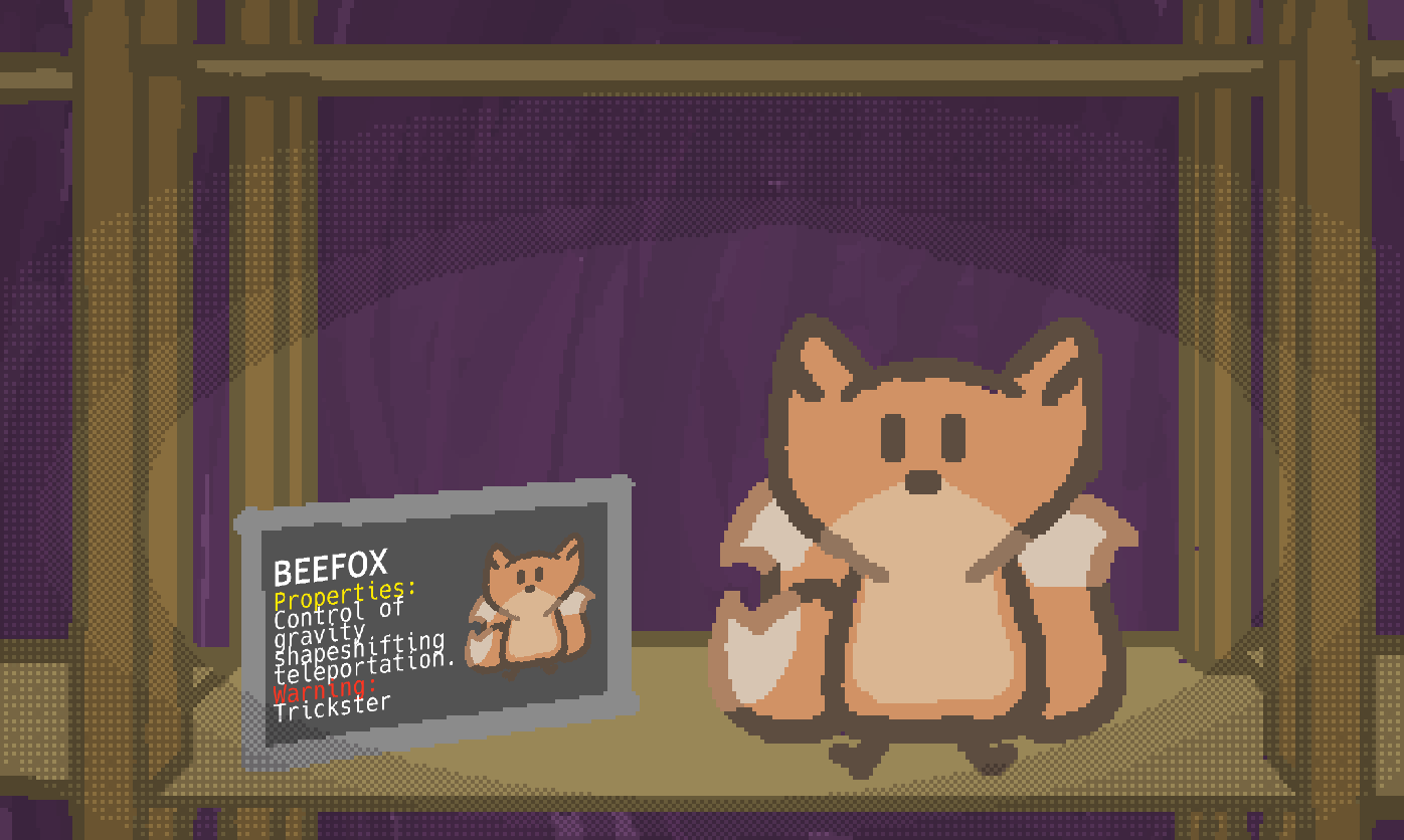 a three tailed fox sitting on a shelf in a warehouse, next to them is a sign that reads "beefox. properties: control of gravity, shapeshifting, teleportation. warning: trickster