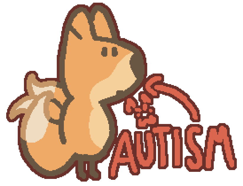 a three tailed fox standing with a blank expression on their face, a sign points to them saying "autism" with a cheeky face drawn on it