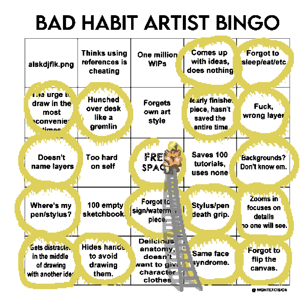 a three tailed fox on a ladder painting circles around items on a bad habit artist bingo board. they have checked off: 