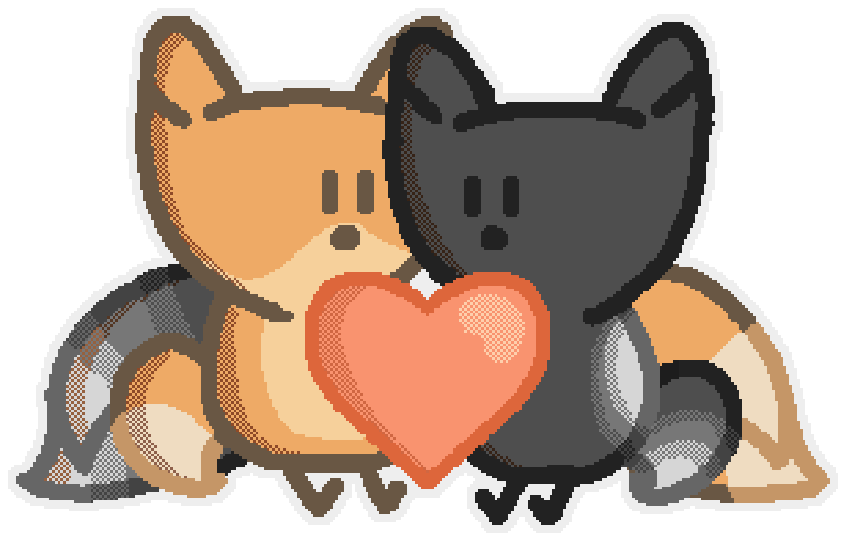 a three tailed orange fox and a three tailed black fox cuddling with a heart between them