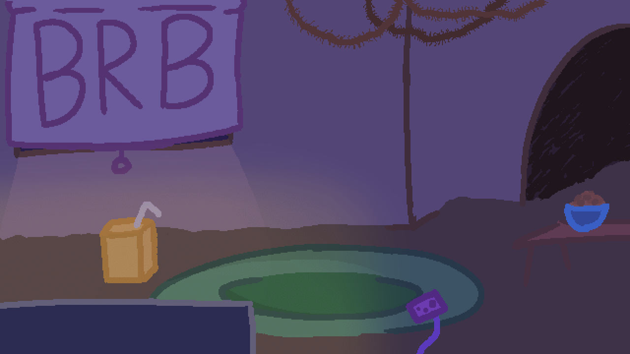 a comfy fox den with a green bean bag, a juice box, a bowl of chips, a game controller and tv, some roots hanging down, and a set of blinds that have "BRB" written on them. it is dark, the room illuminated by the tv, and moonlight streaming in through the small gap between the blinds and the window.