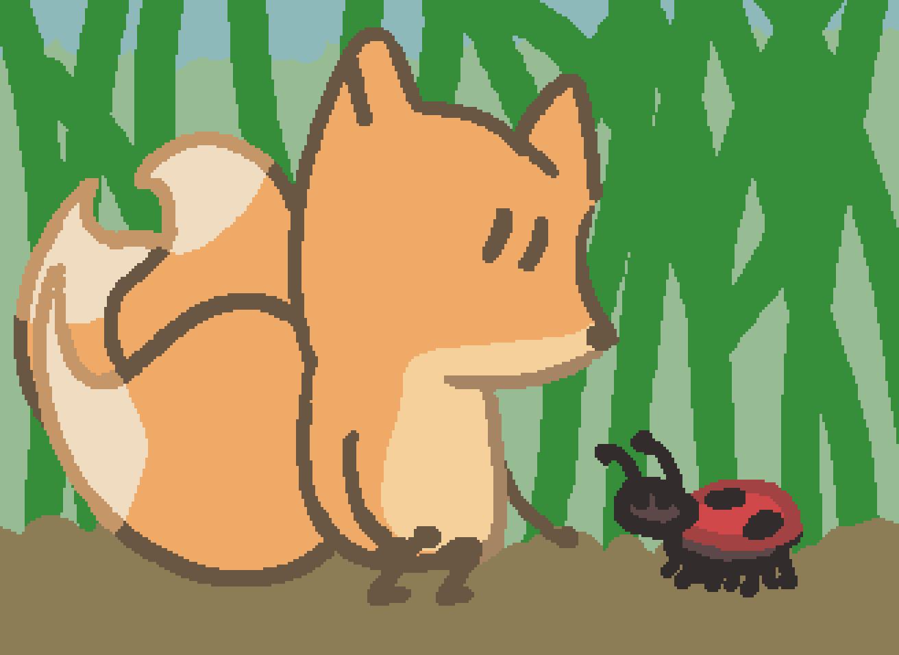 a tiny three tailed fox playing with a ladybug about the size of a puppy in comparison