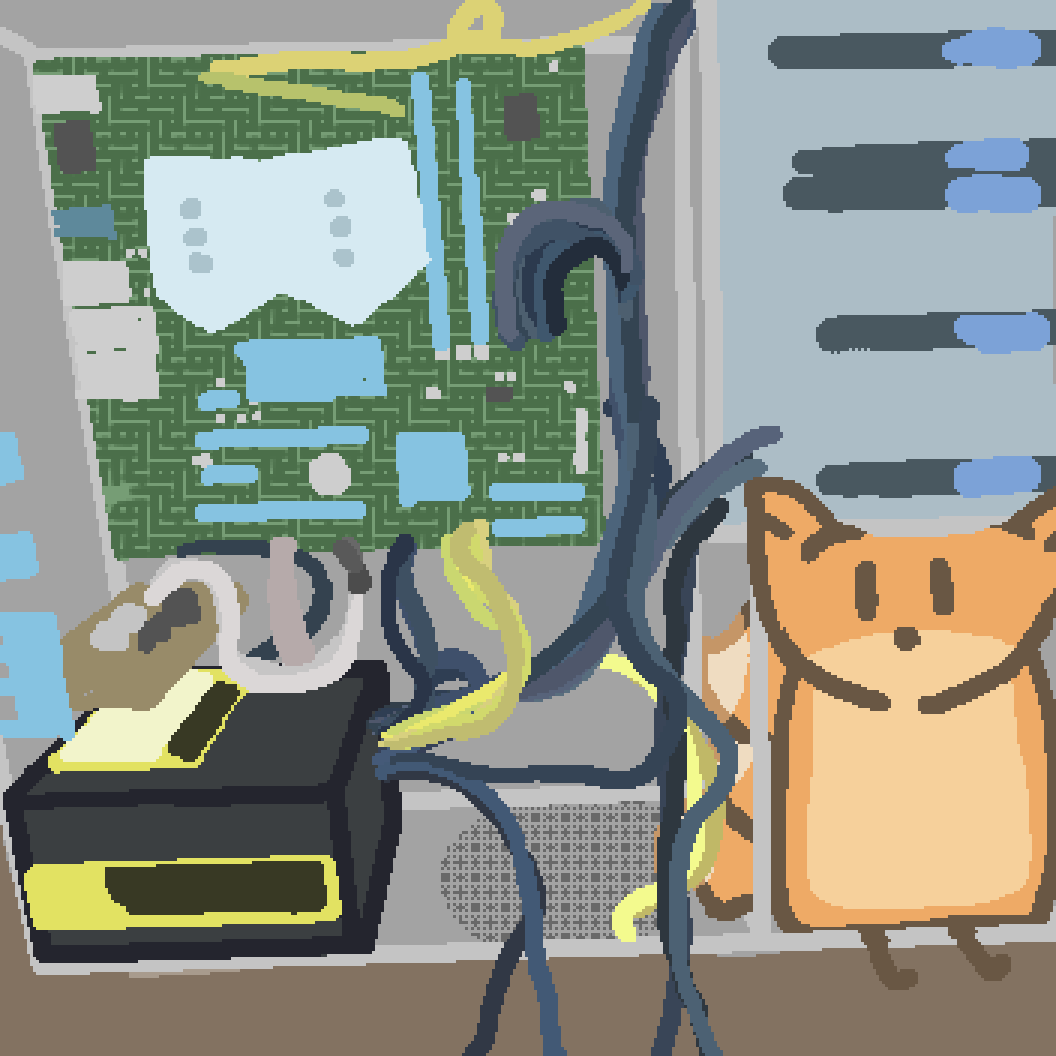 a ratsnest of a computer, with a three tailed fox sitting in one of the compartments