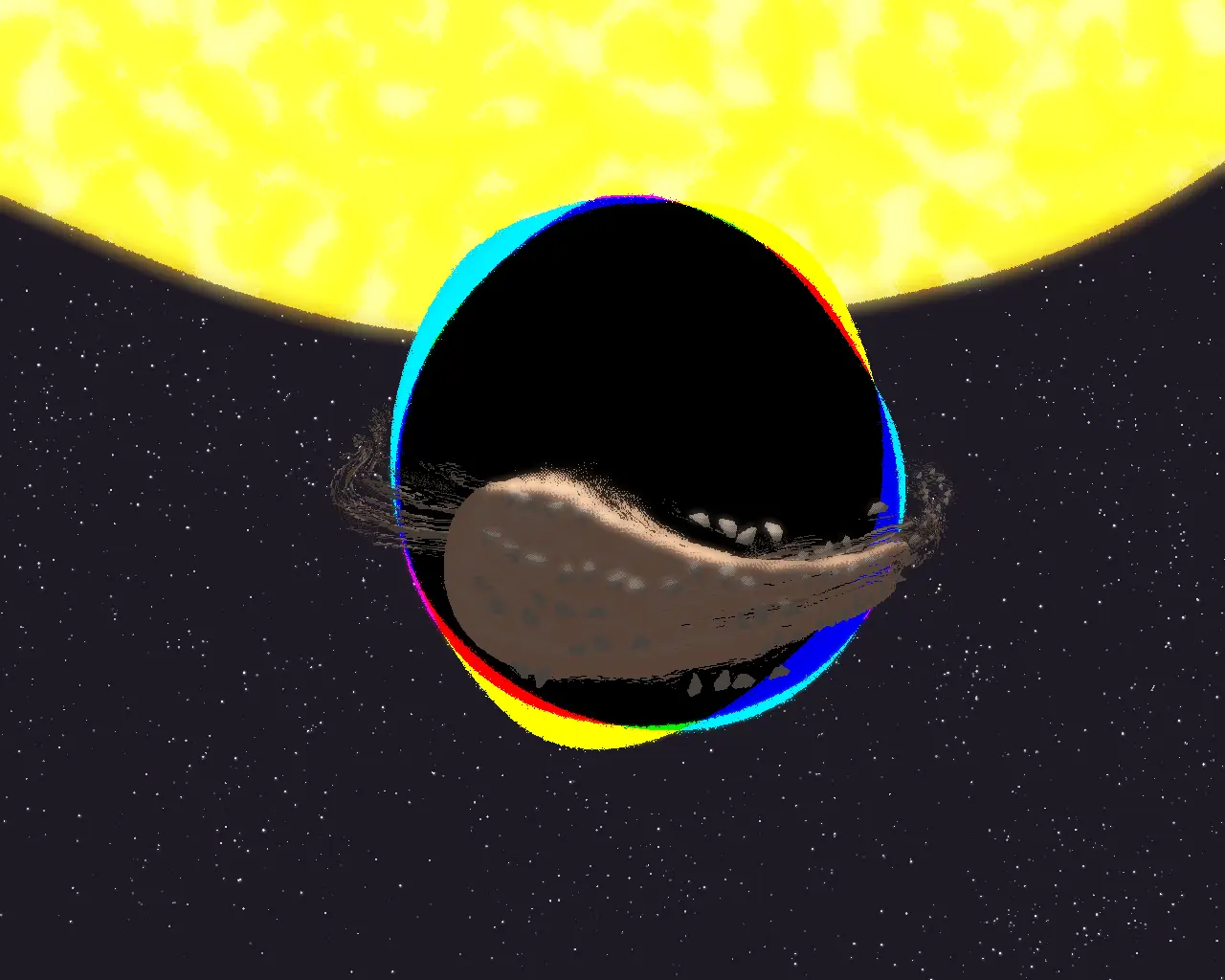 A planet being consumed by a black hole, in front of a star