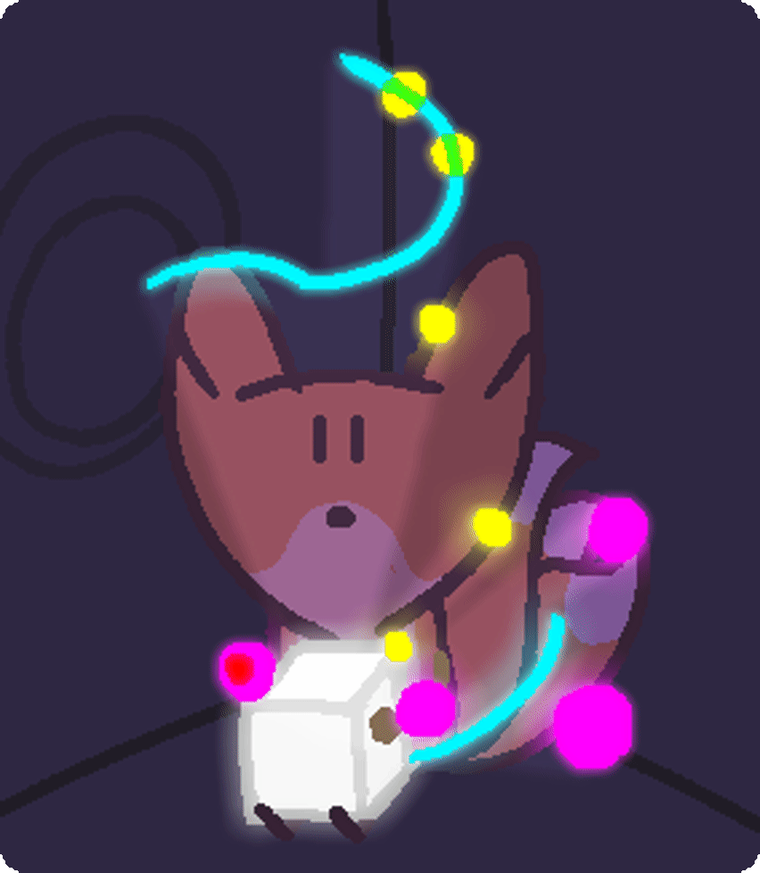 a three tailed fox sitting in the corner of a dark room holding a glowing cube that is projecting a beautiful light show. they are watching in awe