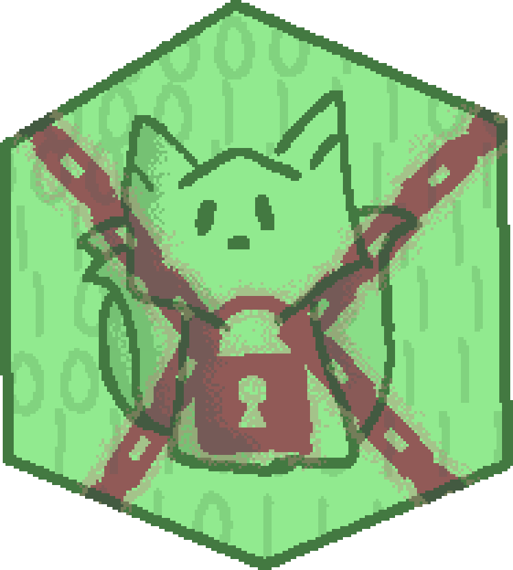 an angular three tailed fox on a cyber green hexagon with binary backing them. there is a glowing red lock and chain across the hexagon