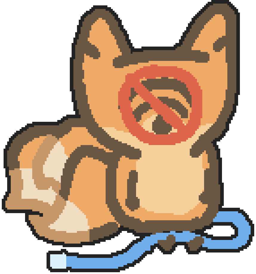 A three tailed fox sitting with an ethernet cable over their legs, and a blinking "no internet" symbol for their face