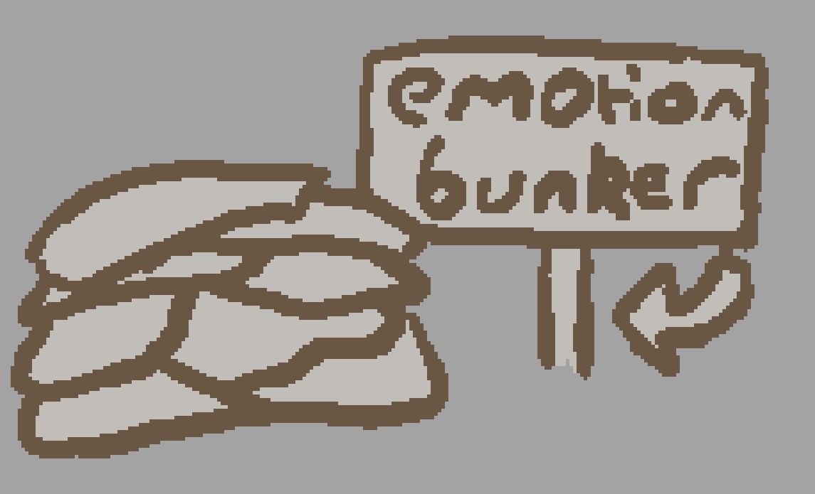 a pile of blankets and pillows with a sign pointing to it labeled "emotion bunker"