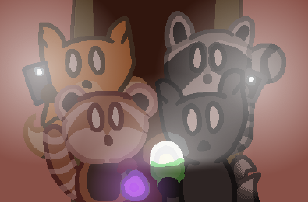 two three tailed foxes, a raccoon, and a red panda in a red low light room, with two phone flashlights, a lightbulb, and a uv torch