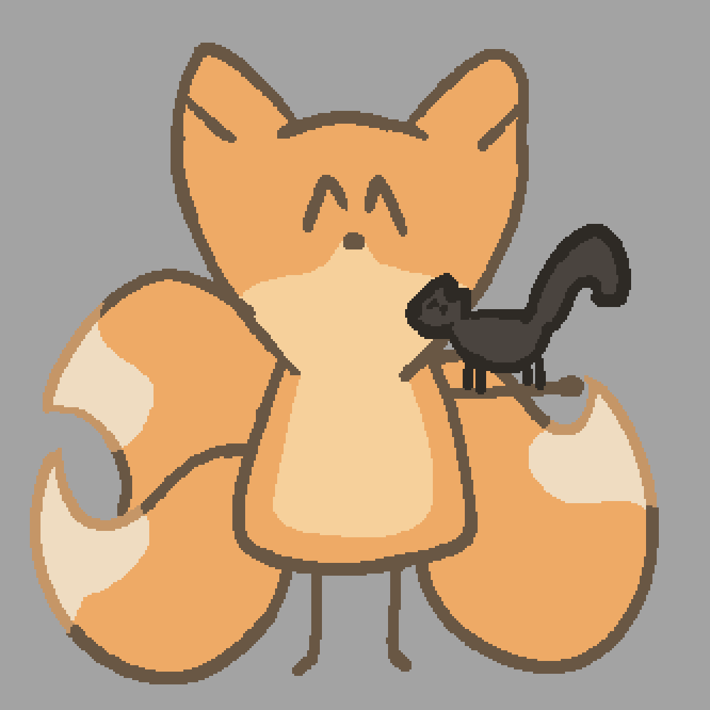 a three tailed fox standing with their arm outstretched, a black cat standing on it