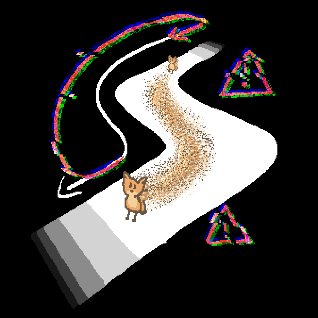 a three tailed fox walking down a winding white path in a black void, an arrow follows them in the direction of movement. a second red and glitching arrow doubles back to a second version of the three tailed fox at the start of the path. between the foxes are particles made up of the colours of the foxes. two flickering warning symbols are beside the path