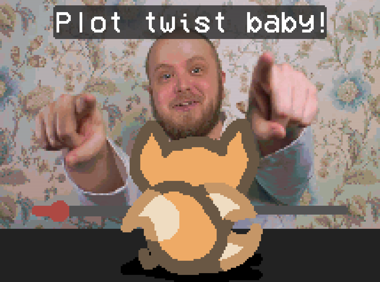 a three tailed fox watching hbomberguy's new video, the scene being hbomb saying "Plot Twist Baby!"