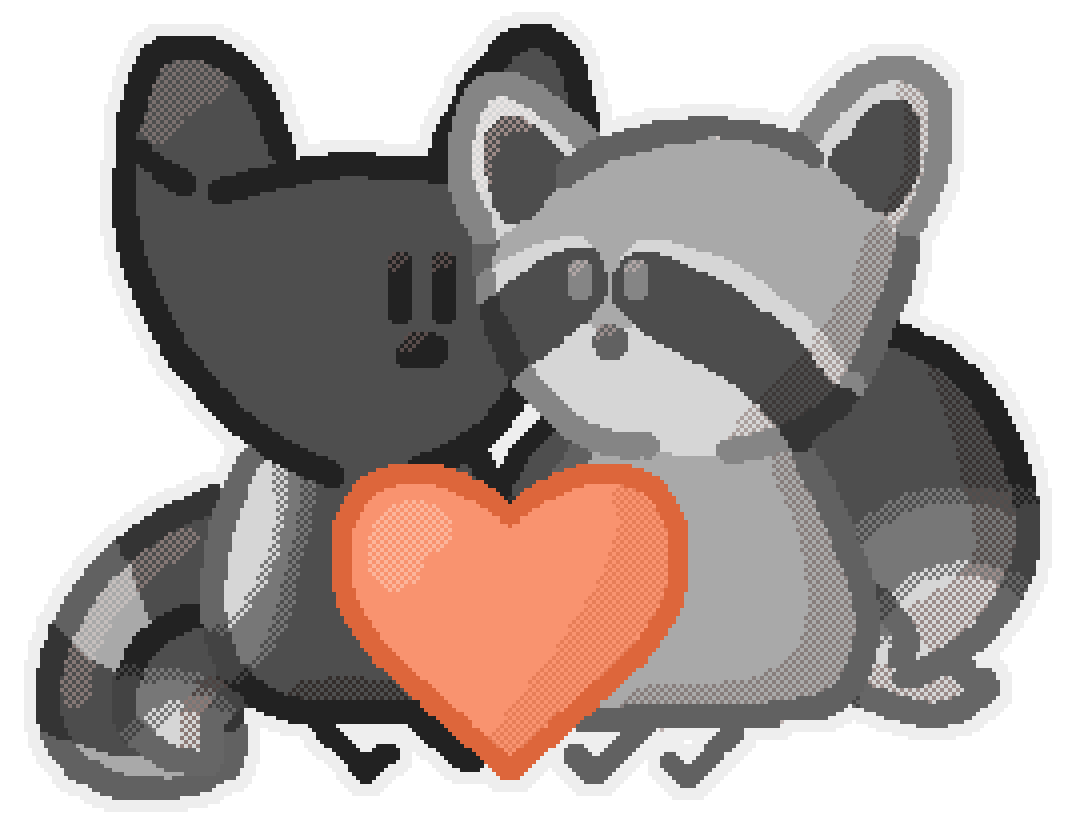 a black three tailed fox and a raccoon cuddling with a heart between them