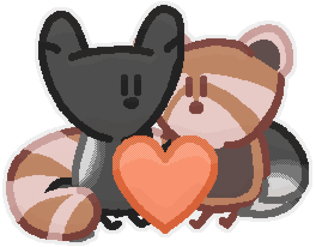 a black three tailed fox and a red panda cuddling with a heart between them