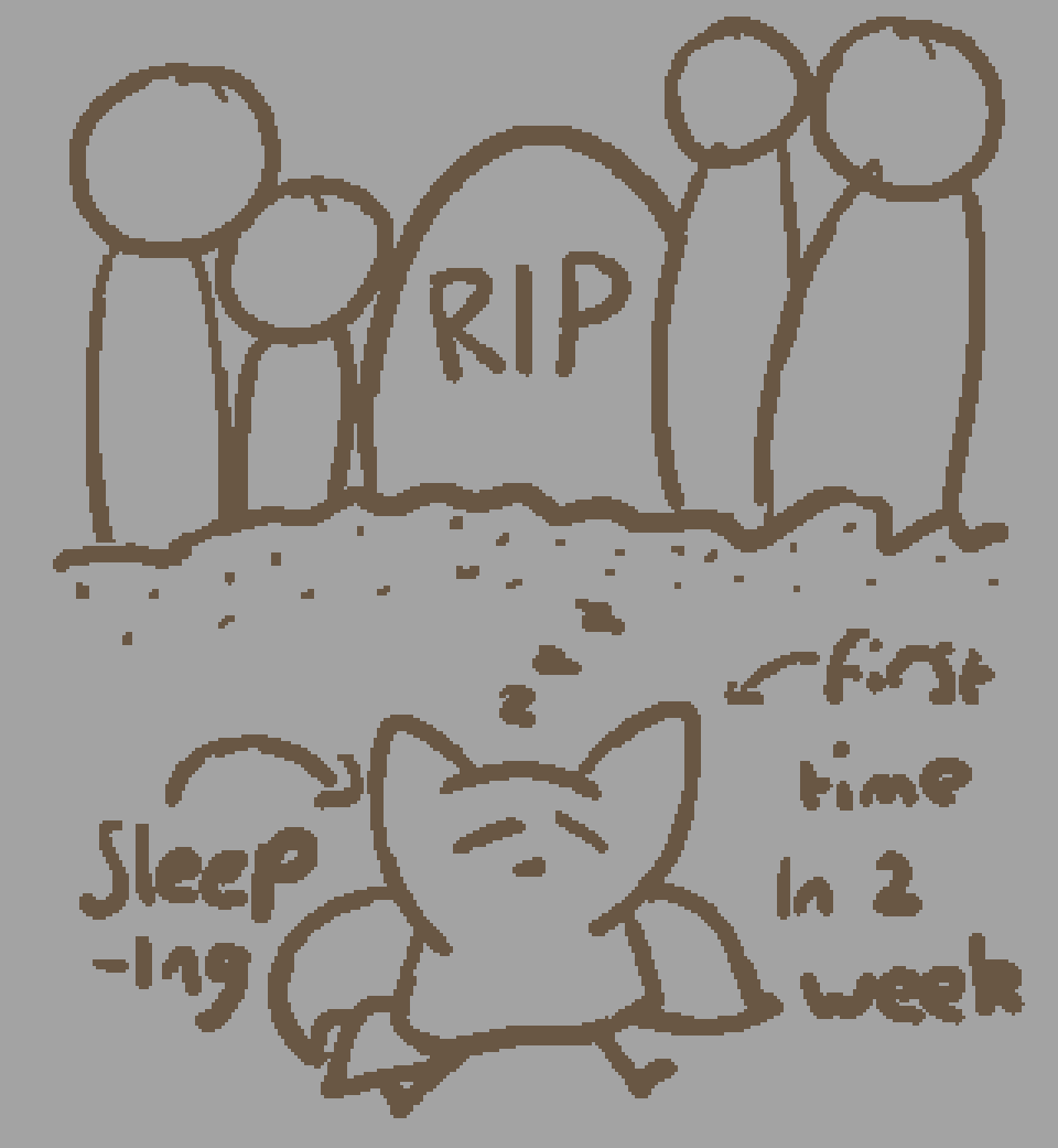 a three tailed fox sleeping for the first time in two weeks, above them are several people attending their funeral
