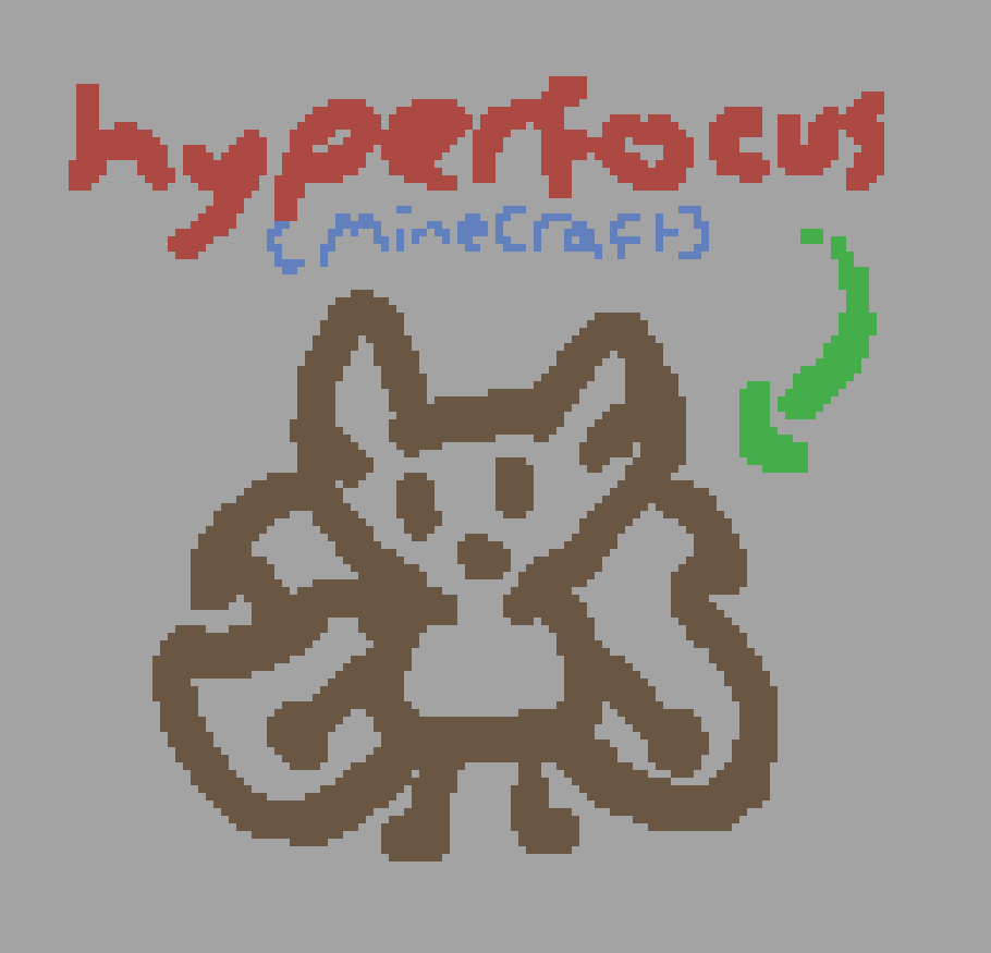 a three tailed fox standing silly, with text reading "hyperfocus (minecraft)"