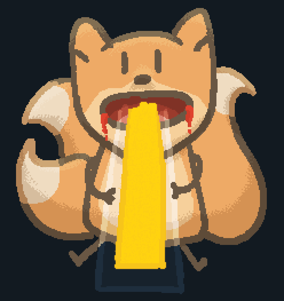 a three tailed fox eating an icypole, the sides of their mouth is bleeding