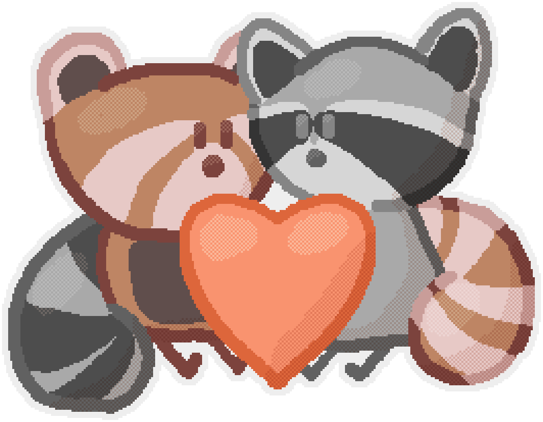 A red panda and a raccoon cuddling with a heart between them