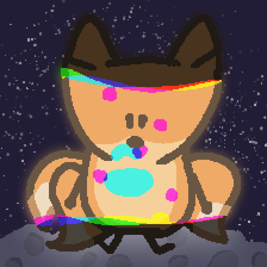 a three tailed fox sitting lonesomely on an asteroid in space, the are glowing with a lava lamp effect of cyan, magenta, and yellow blobs, blending together to make red, green, blue, and black where they overlap