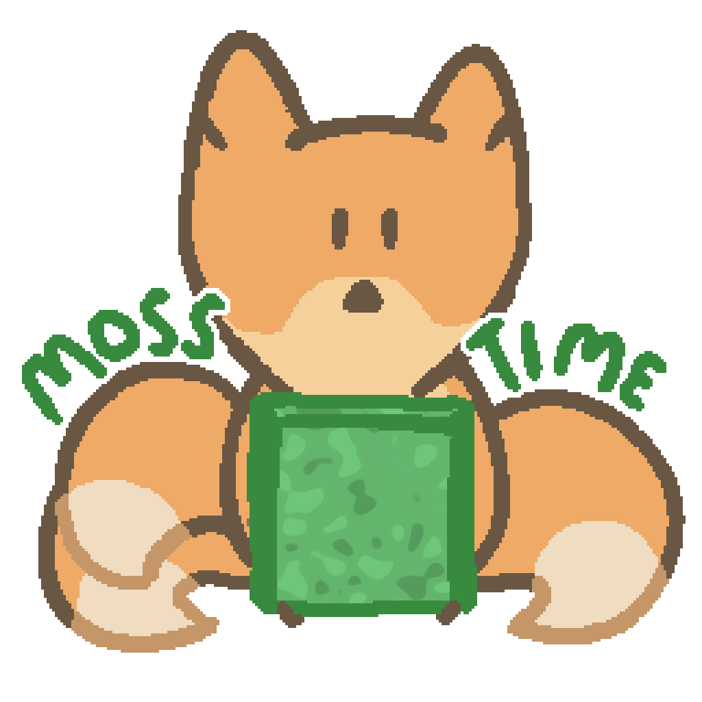 A three tailed fox holding a block of moss with the words "moss time" next to them