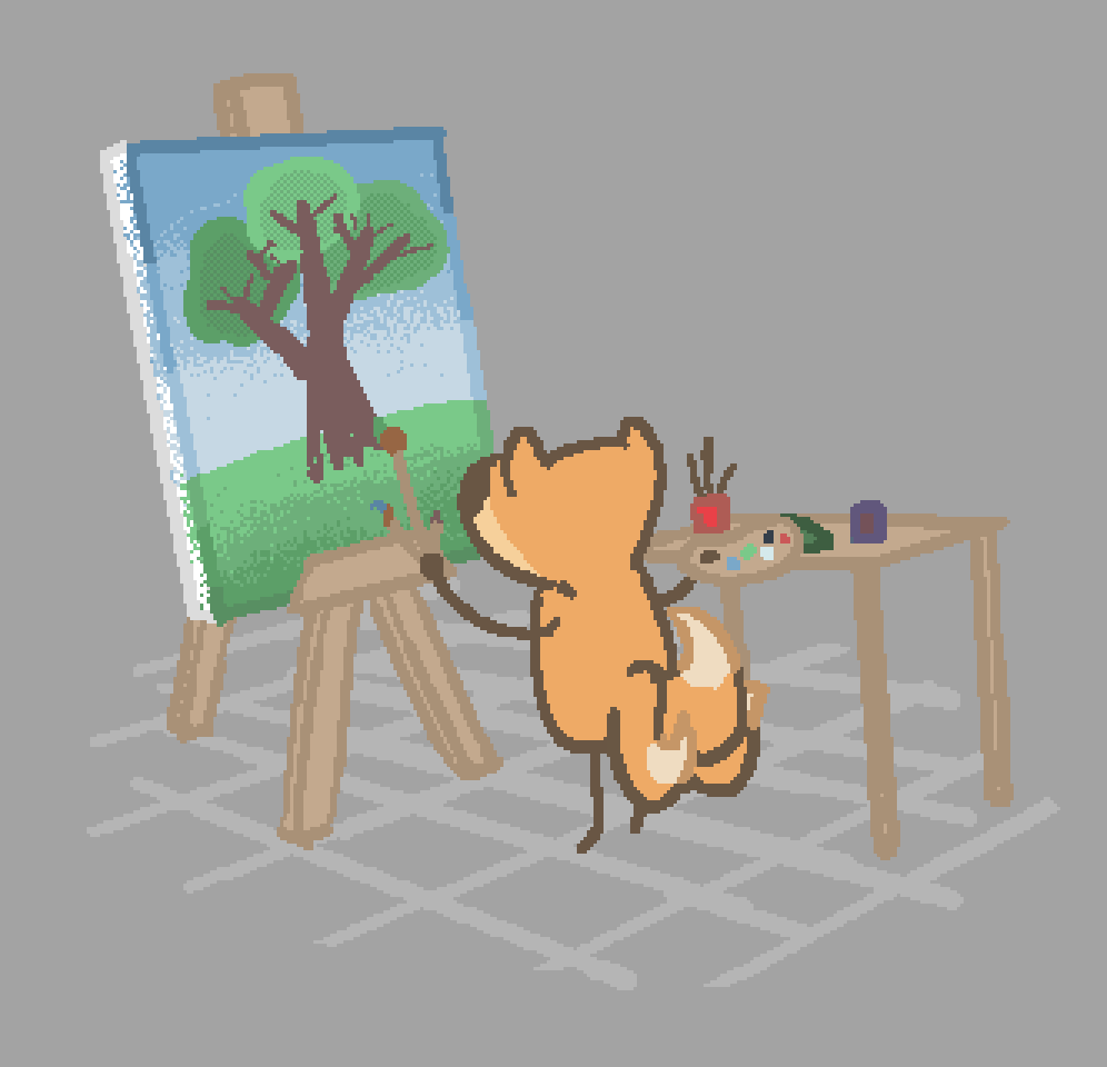 a three tailed fox painting a tree