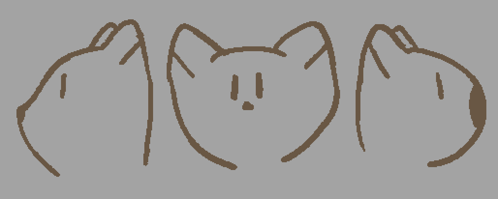 a head turn of a fox, the center post is face on, the left facing pose is more realistic to how the fox head should look based on the face on perspective, and the right facing pose is how i have been drawing them