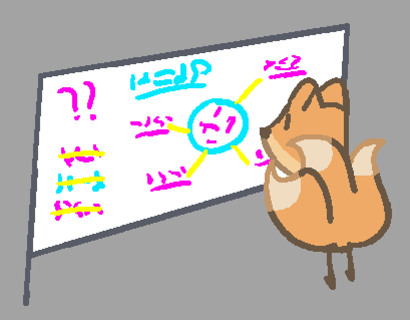 a three tailed fox looking at a whiteboard with squiggles all over it