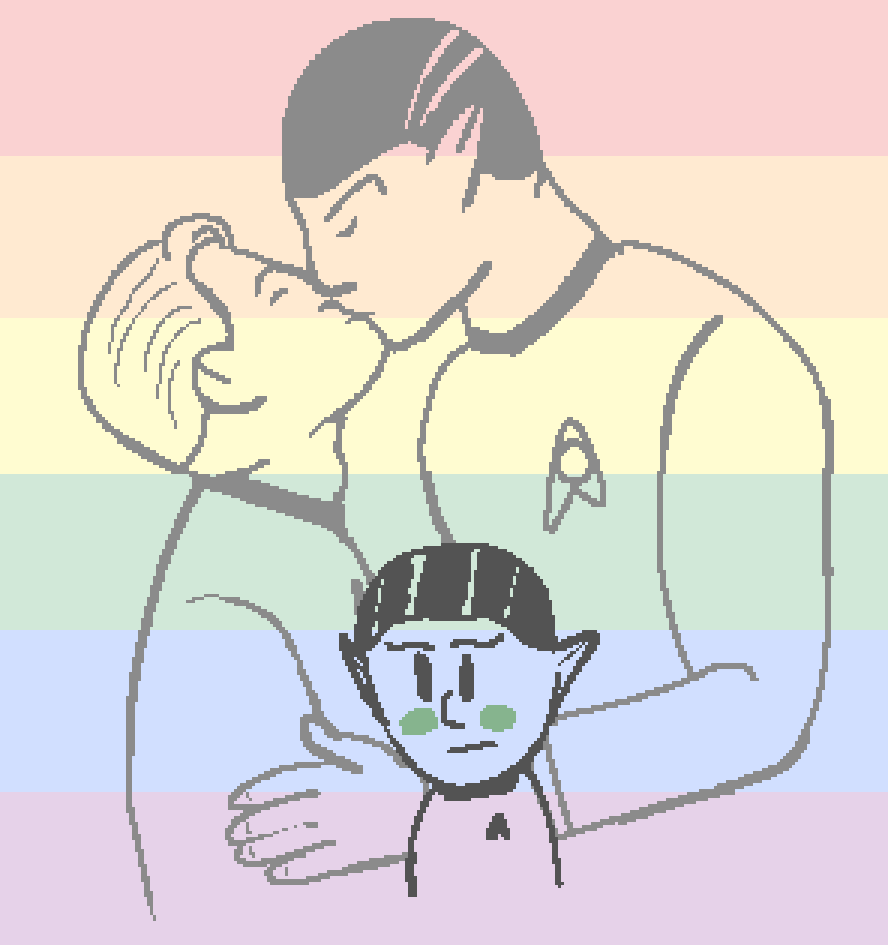 Spock imagining captain kirk and blushing, set on a pride flag background