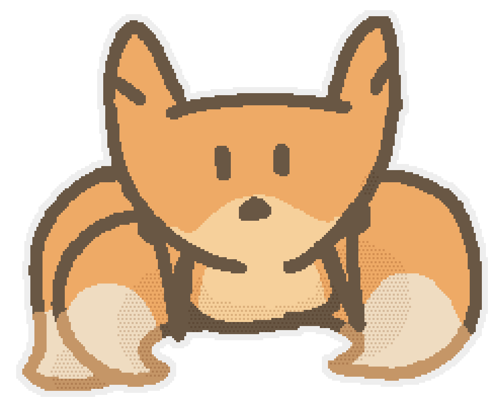 A three tailed fox laying on its stomach, looking up at you with head resting on arms, relaxing