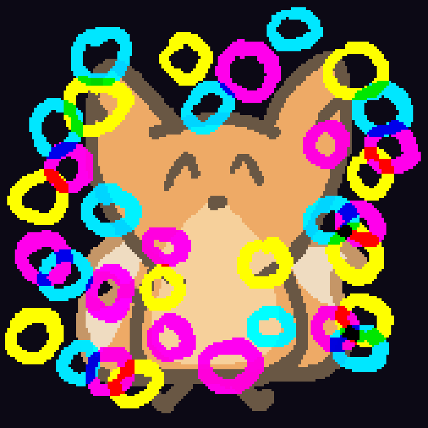 a three tailed fox surrounded by many small overlapping neon rings