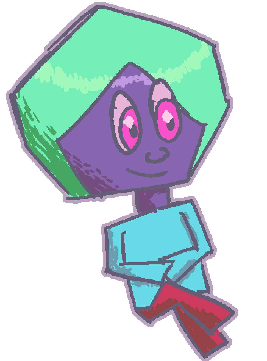 a purple skined, green hair, creature with a geometric aesthetic, they are wearing a blue jumper and red flare pants, you cannot see their feet or hands. they are sitting cross legged with their hands in their lap.