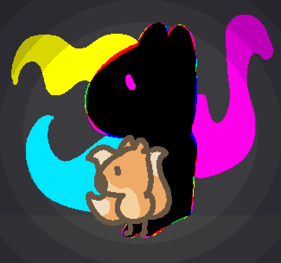 a three tailed fox with a shadow of neon colours combining into black, the tails themselves are solid colours of cyan, yellow, and magenta.