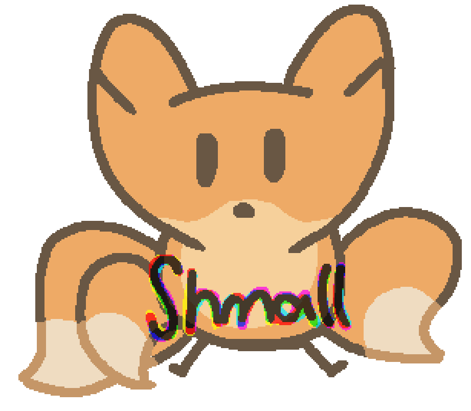 a three tailed fox sitting on the ground the the word "shmall" in front of them