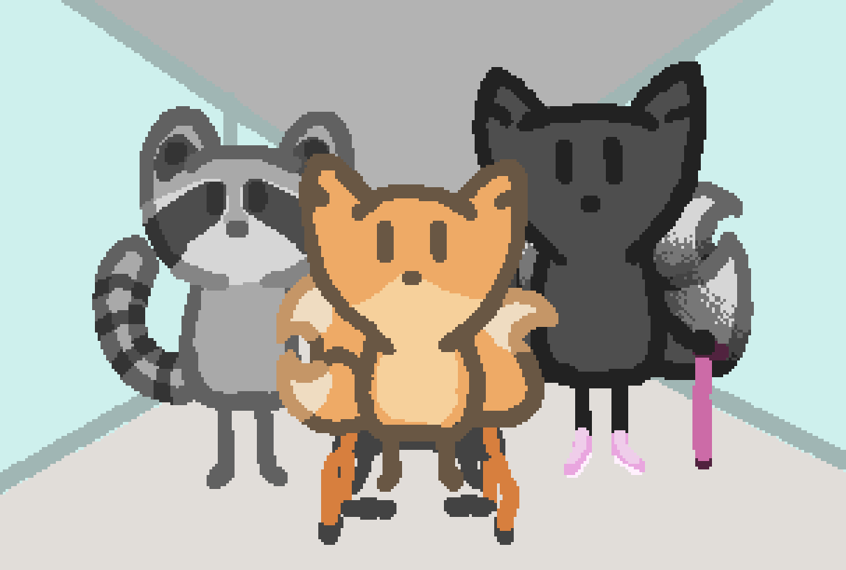 a racoon, a red three tailed fox, and a gray three tailed fox, standing in a shopping mall. the red fox is in an orange wheelchair, and the gray fox has a pink cane and pink shoes