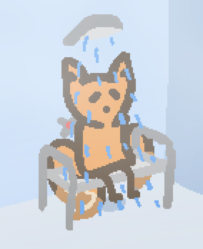 a three tailed fox sitting in a shower, where the water turns off for a moment, then explodes outwards, leaving only the foxes eyes and nose floating in the air