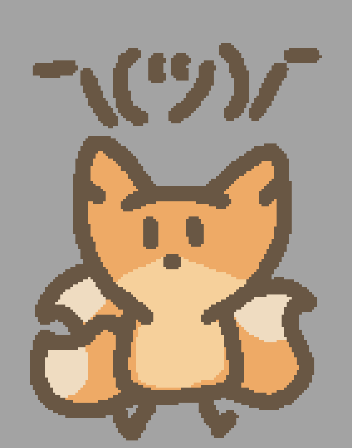 a three tailed fox with a shrugging kaomoji